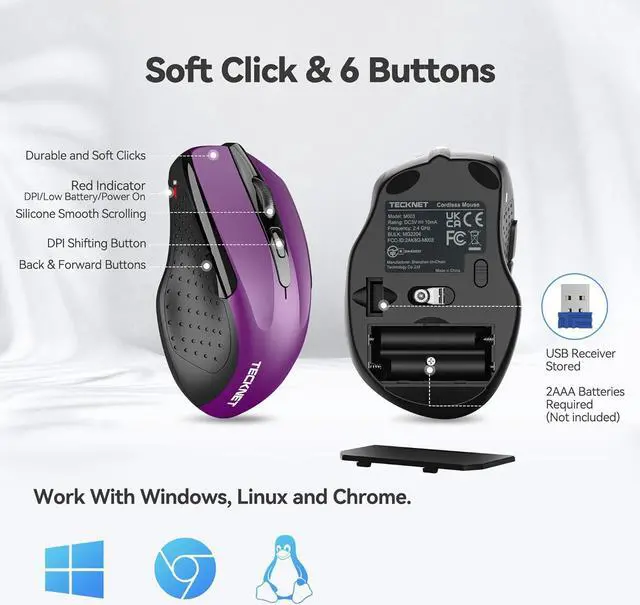 Alt view image 7 of 7 - Wireless Mouse for Laptop Silent Mouse Quiet Click Computer Mouse Wireless 6 Adjustable 4000 DPI Computer Mice - Purple