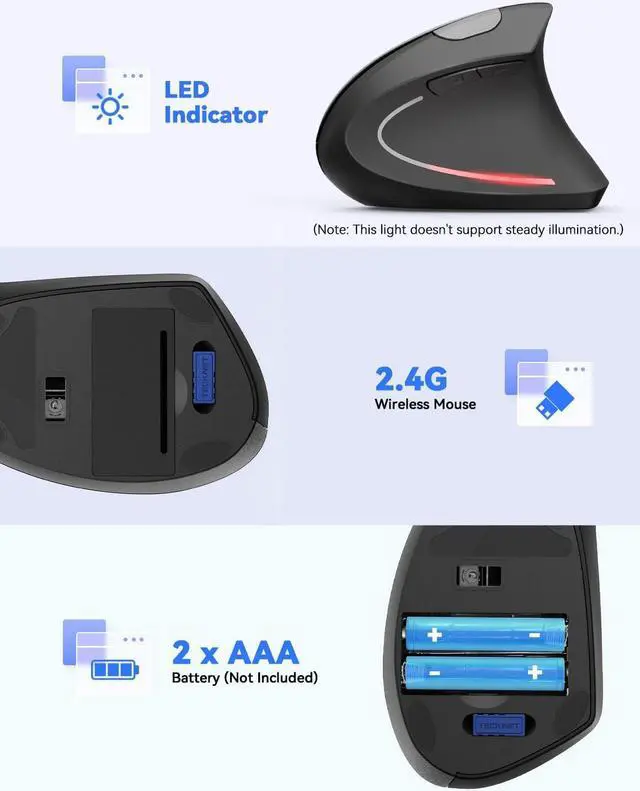 Alt view image 6 of 7 - TECKNET Ergonomic Mouse, 4800 DPI Wireless Vertical Mouse with 5 Adjustable DPI Levels, 2.4GHz Optical Carpal Tunnel Mouse, 6 Buttons Wireless Mouse for Laptop, Desktop, PC, MacBook - Black