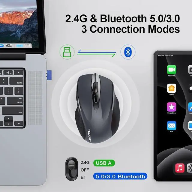 Alt view image 2 of 7 - Wireless Mouse (BT5.0/3.0 & 2.4G) Rechargeable 4800 DPI Silent USB A & Bluetooth Mouse 6 Buttons Wide Compatibility - Grey