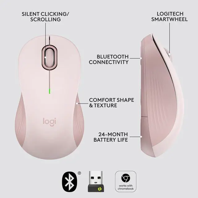 Alt view image 5 of 6 - Logi tech Signature M550 Wireless Mouse - For Small to Medium Sized Hands, 2-Year Battery, Silent Clicks, Bluetooth, Multi-Device Compatibility - Rose