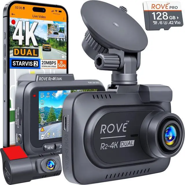 Main image of ROVE R2-4K DUAL Dash Cam Front and Rear, STARVIS 2 Sensor, FREE 128GB Card Included, 5G WiFi - up to 20MB/s Fastest Download Speed with App, 4K 2160P/FHD Dash Camera for Cars, 3" IPS, 24H Parking Mode
