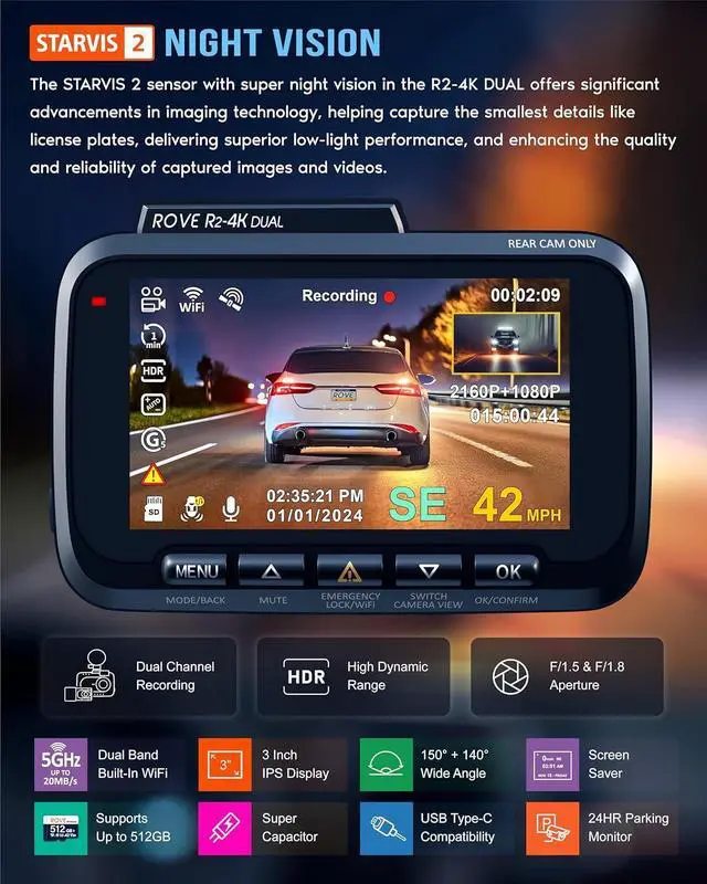 Alt view image 4 of 7 - ROVE R2-4K DUAL Dash Cam Front and Rear, STARVIS 2 Sensor, FREE 128GB Card Included, 5G WiFi - up to 20MB/s Fastest Download Speed with App, 4K 2160P/FHD Dash Camera for Cars, 3" IPS, 24H Parking Mode