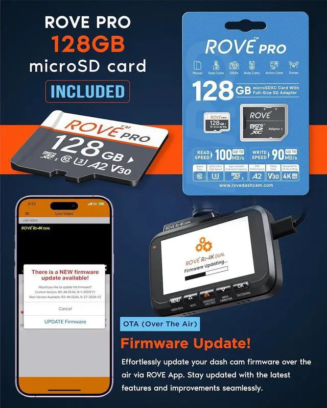 Alt view image 7 of 7 - ROVE R2-4K DUAL Dash Cam Front and Rear, STARVIS 2 Sensor, FREE 128GB Card Included, 5G WiFi - up to 20MB/s Fastest Download Speed with App, 4K 2160P/FHD Dash Camera for Cars, 3" IPS, 24H Parking Mode