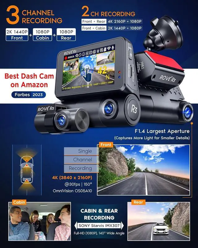 Alt view image 2 of 7 - ROVE R3 Dash Cam Front and Rear with Cabin, 3 IPS Touch Screen, 3 Channel Dash Cam 1440P+1080P+1080P Car Camera with IR Night Vision, 5G WiFi, GPS, Supercapacitor, Supports up to 512GB Max
