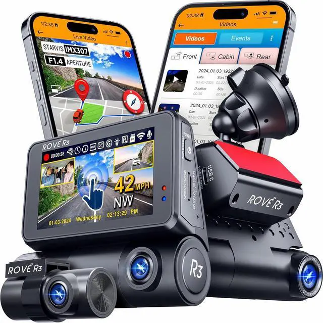 Main image of ROVE R3 Dash Cam Front and Rear with Cabin, 3 IPS Touch Screen, 3 Channel Dash Cam 1440P+1080P+1080P Car Camera with IR Night Vision, 5G WiFi, GPS, Supercapacitor, Supports up to 512GB Max
