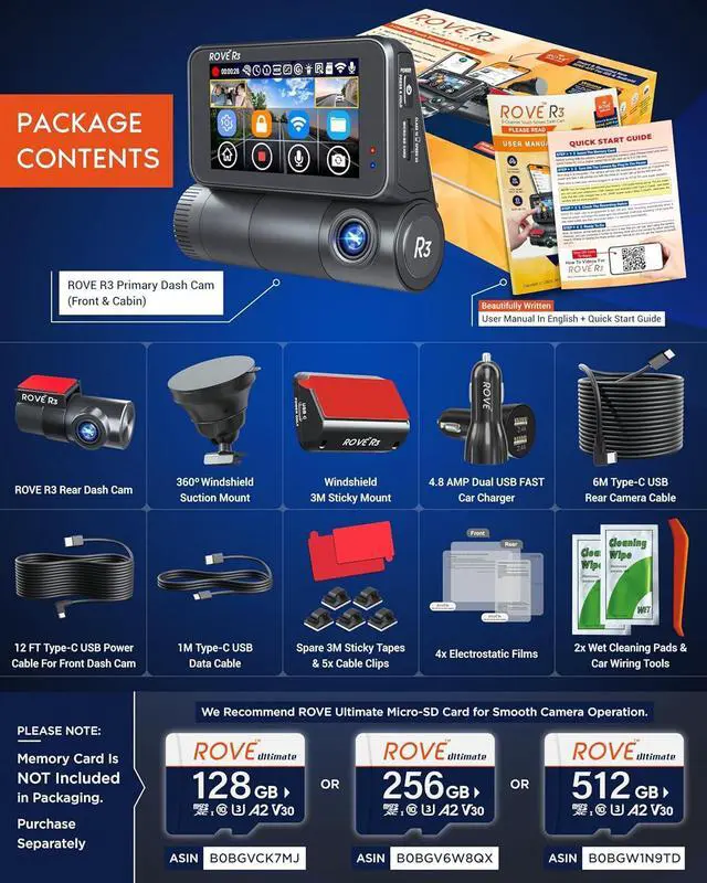 Alt view image 5 of 7 - ROVE R3 Dash Cam Front and Rear with Cabin, 3 IPS Touch Screen, 3 Channel Dash Cam 1440P+1080P+1080P Car Camera with IR Night Vision, 5G WiFi, GPS, Supercapacitor, Supports up to 512GB Max