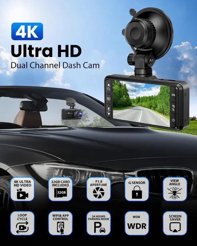 Alt view image 2 of 7 - Dash Cam Front Rear 4K/1080P, Dash Camera for Cars Build in WIFI, Full HD Dash Cam with APP Control, 3.94 IPS Screen Dash camera with 32GB SD Card, G-Sensor, WDR, 24Hr Parking Mote, Loop Recording