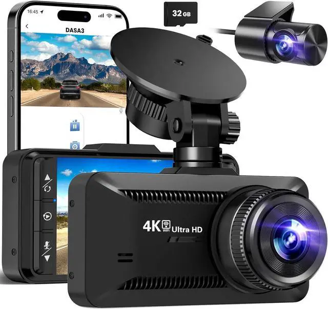 Main image of Dash Cam Front Rear 4K/1080P, Dash Camera for Cars Build in WIFI, Full HD Dash Cam with APP Control, 3.94 IPS Screen Dash camera with 32GB SD Card, G-Sensor, WDR, 24Hr Parking Mote, Loop Recording