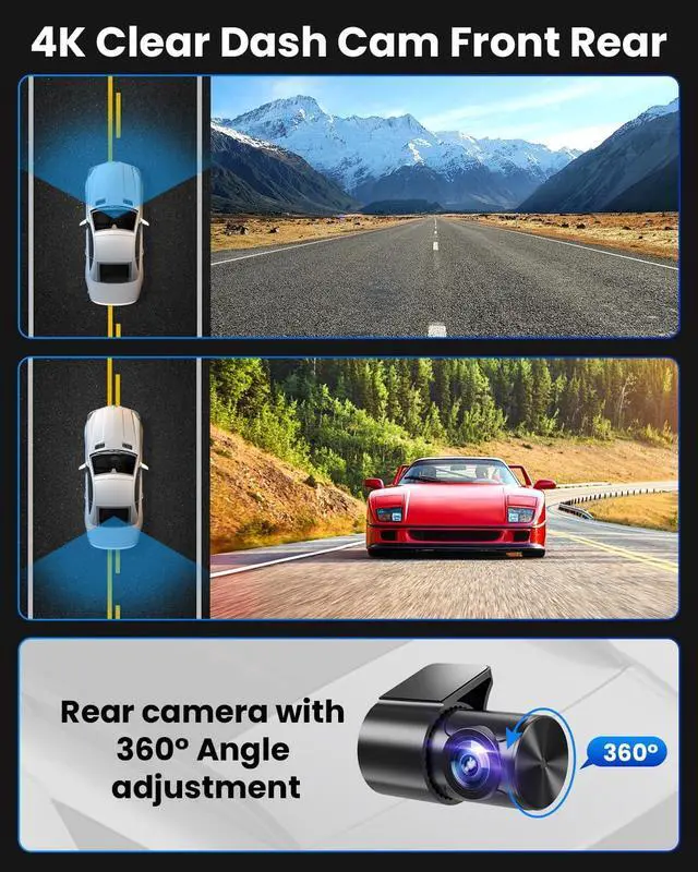 Alt view image 3 of 7 - Dash Cam Front Rear 4K/1080P, Dash Camera for Cars Build in WIFI, Full HD Dash Cam with APP Control, 3.94 IPS Screen Dash camera with 32GB SD Card, G-Sensor, WDR, 24Hr Parking Mote, Loop Recording