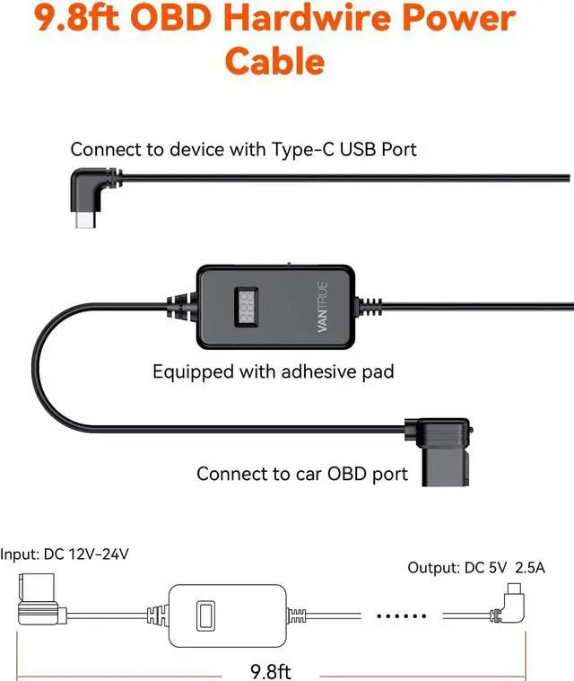 Alt view image 2 of 7 - VANTRUE 10ft Type C USB OBD Hardwire Power Cable with LED Screen, 3 Gear Shifting, Low Voltage Protection for Parking Mode, for N4 Pro, N5, N4, S1 Pro, N2 Pro(2023), E1, E1 Lite, E2, E3, N2S Dash Cam