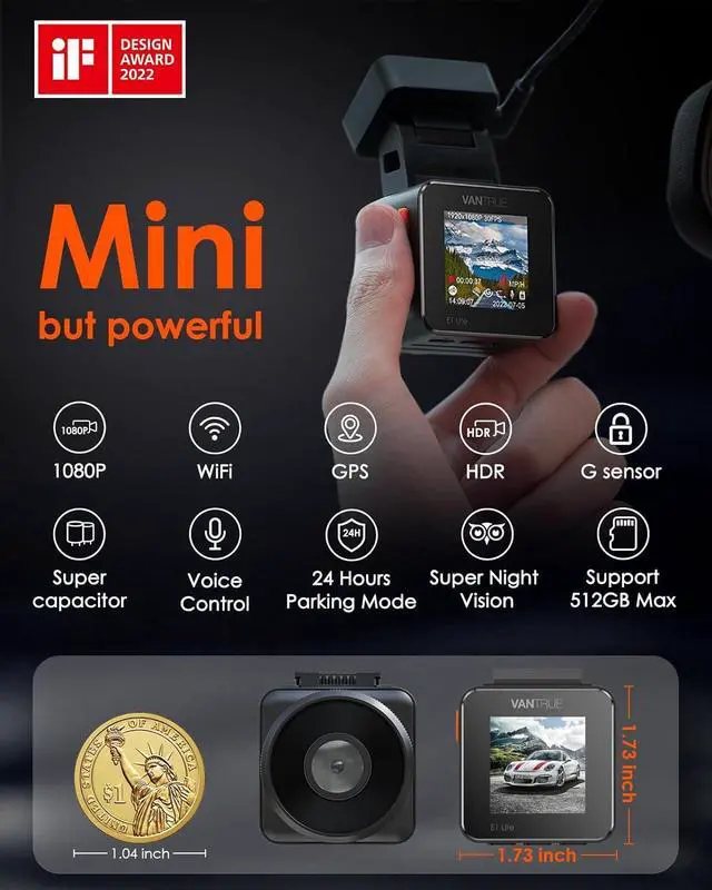Alt view image 2 of 7 - Vantrue E1 Lite 1080P WiFi Mini Dash Cam with GPS and Speed, Free App, Voice Control Detachable Dash Camera, 24 Hours Parking Mode, Night Vision, Motion Detection, Loop Recording, Support 512GB Max