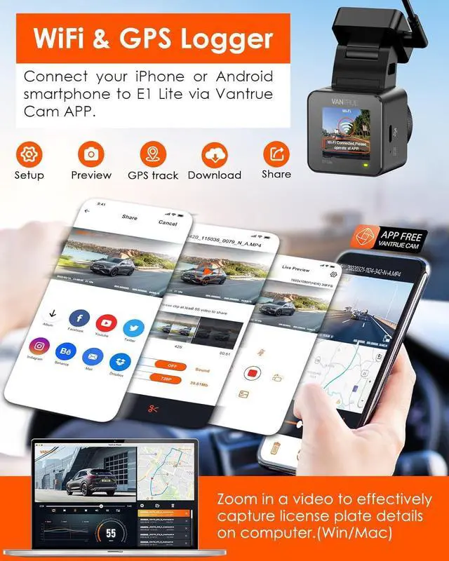 Alt view image 4 of 7 - Vantrue E1 Lite 1080P WiFi Mini Dash Cam with GPS and Speed, Free App, Voice Control Detachable Dash Camera, 24 Hours Parking Mode, Night Vision, Motion Detection, Loop Recording, Support 512GB Max