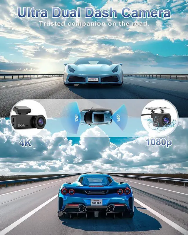 Alt view image 2 of 7 - 4K Dash Cam Front and Rear, WiFi Dash Cam with 64GB Card, 4K+1080P Dash Camera for Cars, Wireless WiFi Car Camera with App Control, 1.47" Screen DashCam with 24H Parking Monitor,G-Sensor