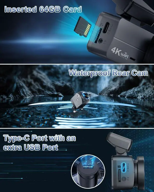 Alt view image 6 of 7 - 4K Dash Cam Front and Rear, WiFi Dash Cam with 64GB Card, 4K+1080P Dash Camera for Cars, Wireless WiFi Car Camera with App Control, 1.47" Screen DashCam with 24H Parking Monitor,G-Sensor