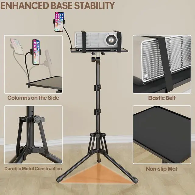 Alt view image 3 of 7 - Projector Stand Adjustable Height 20" to 61", Foldable Projector Tripod Stand with Mouse Tray & Phone Holder, Portable Laptop Floor Stand for Office Home Stage Studio DJ Racks Podium Stand
