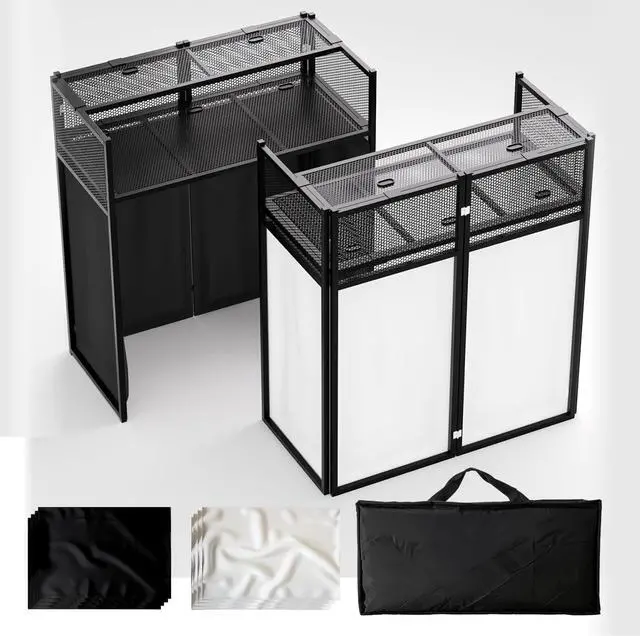 Main image of Portable DJ Booth Table,Foldable DJ Table Stand with White & Black Scrim,Adjustable DJ Facade Booth Station Metal Frame DJ Table with Cable Hole for Private Events, Clubs, Bars (40x20 Double Deck)