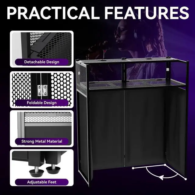 Alt view image 2 of 7 - Portable DJ Booth Table,Foldable DJ Table Stand with White & Black Scrim,Adjustable DJ Facade Booth Station Metal Frame DJ Table with Cable Hole for Private Events, Clubs, Bars (40x20 Double Deck)