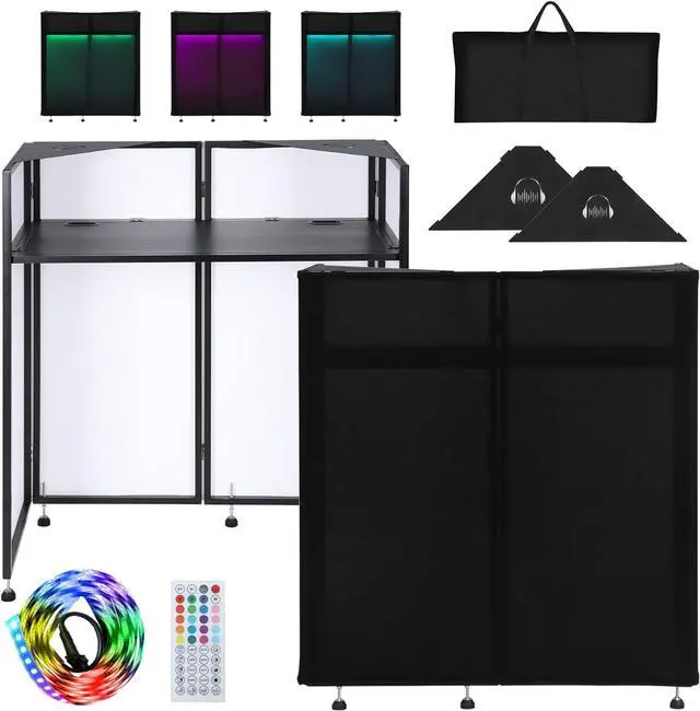 Main image of DJ Facade Booth 41"L x 20"W Portable DJ Facade with White & Black Scrim, Foldable DJ Table Station with LED Strips for Party, Black Metal Frame