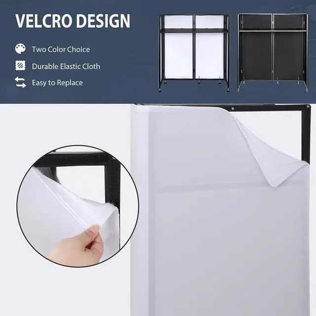Alt view image 4 of 7 - DJ Facade Booth 41"L x 20"W Portable DJ Facade with White & Black Scrim, Foldable DJ Table Station with LED Strips for Party, Black Metal Frame