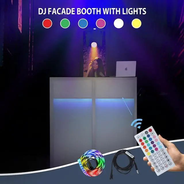 Alt view image 6 of 7 - DJ Facade Booth 41"L x 20"W Portable DJ Facade with White & Black Scrim, Foldable DJ Table Station with LED Strips for Party, Black Metal Frame