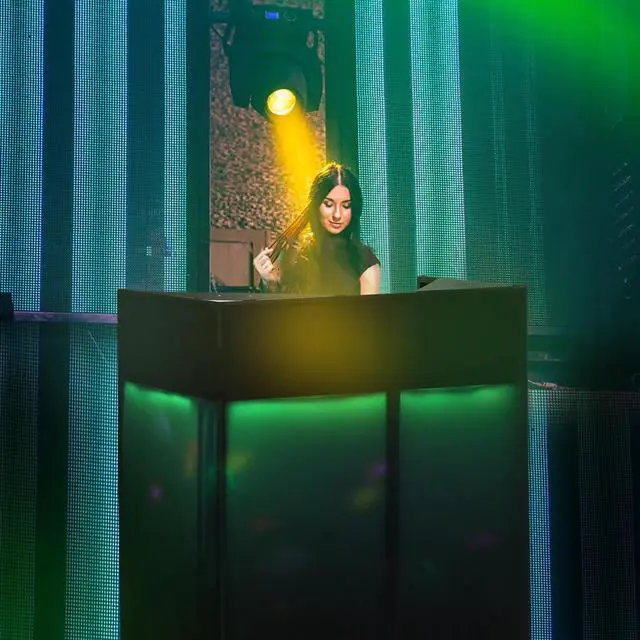 Alt view image 7 of 7 - DJ Facade Booth 41"L x 20"W Portable DJ Facade with White & Black Scrim, Foldable DJ Table Station with LED Strips for Party, Black Metal Frame