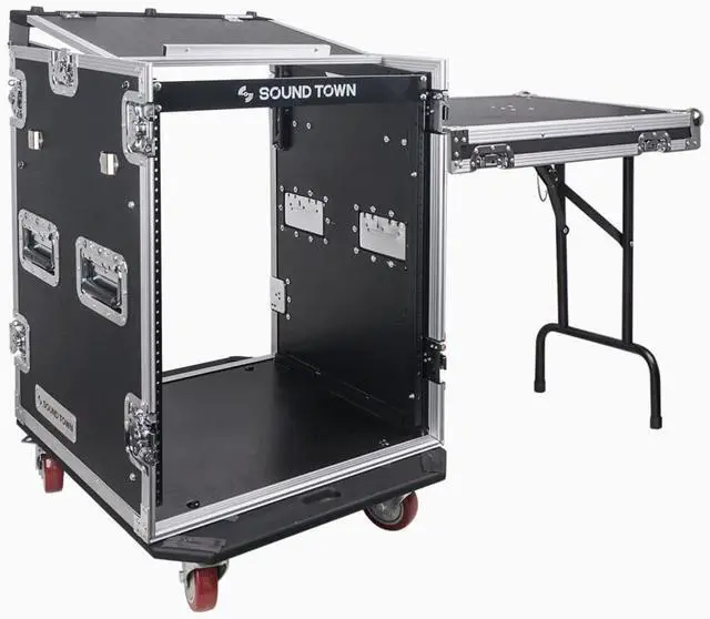 Main image of Heavy-Duty 1/2" (12mm) Plywood 14U PA DJ Rack/Road ATA Case with 11U Slant Mixer Top, 20 Rackable Depth, DJ Work Table and Casters, 14 Space Size, Pro Tour Grade (STMR-14UWT)