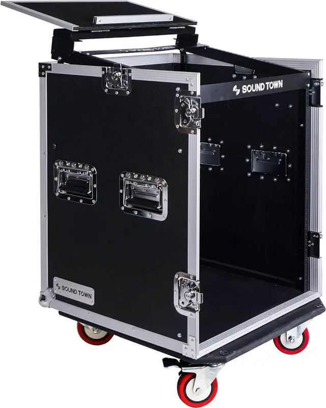 Alt view image 2 of 7 - Heavy-Duty 1/2" (12mm) Plywood 14U PA DJ Rack/Road ATA Case with 11U Slant Mixer Top, 20 Rackable Depth, DJ Work Table and Casters, 14 Space Size, Pro Tour Grade (STMR-14UWT)