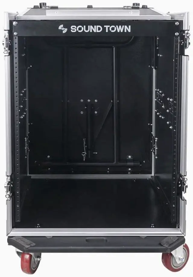Alt view image 3 of 7 - Heavy-Duty 1/2" (12mm) Plywood 14U PA DJ Rack/Road ATA Case with 11U Slant Mixer Top, 20 Rackable Depth, DJ Work Table and Casters, 14 Space Size, Pro Tour Grade (STMR-14UWT)