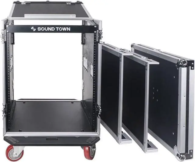 Alt view image 4 of 7 - Heavy-Duty 1/2" (12mm) Plywood 14U PA DJ Rack/Road ATA Case with 11U Slant Mixer Top, 20 Rackable Depth, DJ Work Table and Casters, 14 Space Size, Pro Tour Grade (STMR-14UWT)