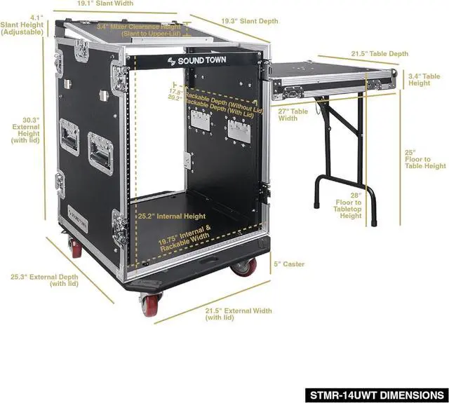 Alt view image 6 of 7 - Heavy-Duty 1/2" (12mm) Plywood 14U PA DJ Rack/Road ATA Case with 11U Slant Mixer Top, 20 Rackable Depth, DJ Work Table and Casters, 14 Space Size, Pro Tour Grade (STMR-14UWT)