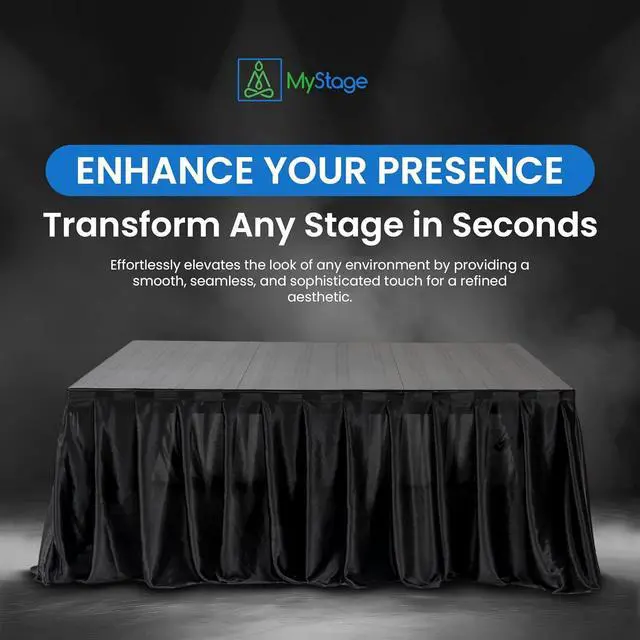 Main image of 16 x 28 MyStage Portable Stage Skirt - Black Satin Fabric Adhesive for Events, Performances, & Wedding Staging, High-Quality Wrinkle-Free Platform Skirting Cloth - (Black)