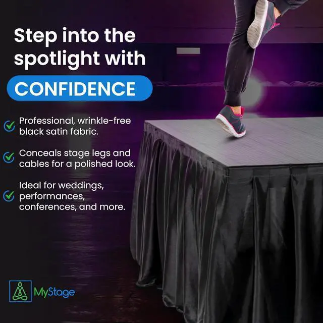 Alt view image 2 of 6 - 16 x 28 MyStage Portable Stage Skirt - Black Satin Fabric Adhesive for Events, Performances, & Wedding Staging, High-Quality Wrinkle-Free Platform Skirting Cloth - (Black)