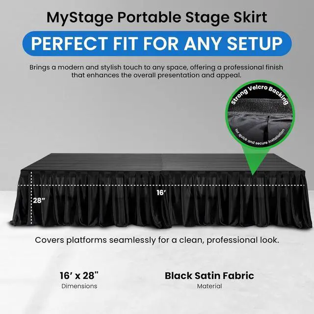 Alt view image 3 of 6 - 16 x 28 MyStage Portable Stage Skirt - Black Satin Fabric Adhesive for Events, Performances, & Wedding Staging, High-Quality Wrinkle-Free Platform Skirting Cloth - (Black)