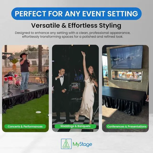 Alt view image 4 of 6 - 16 x 28 MyStage Portable Stage Skirt - Black Satin Fabric Adhesive for Events, Performances, & Wedding Staging, High-Quality Wrinkle-Free Platform Skirting Cloth - (Black)