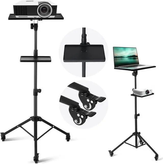 Main image of 2 Shelves Projector Stand Tripod with Wheels Mouse Tray Laptop Tripod Adjustable Height 22" to 51" Portable Rolling Laptop Floor Stand for Stage Office Sheet Music DJ