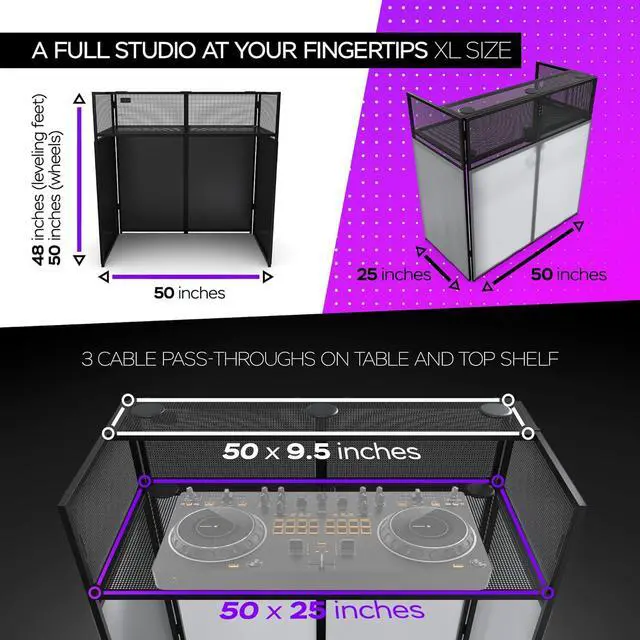 Alt view image 2 of 6 - XL 50x25in Portable DJ Booth Facade Table with White/Black Scrims | Controller and Audio Mixer Stand, With Wheels, Multiplug, Laptop Stand, Cable Organizer, Headphones Holder and Carry Bag