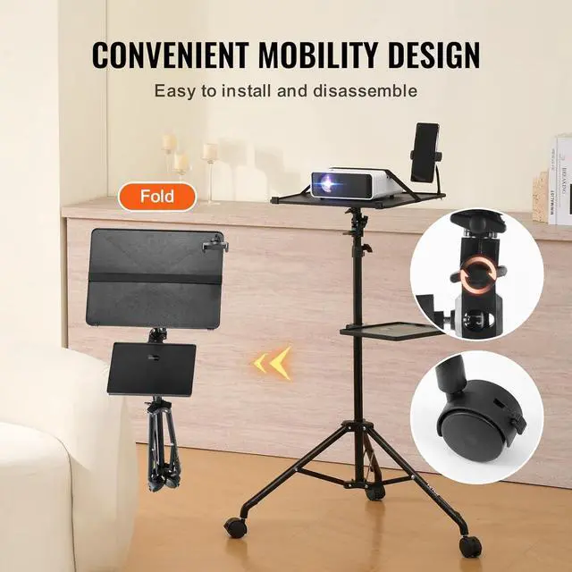 Alt view image 5 of 7 - Projector Stand with Wheels, Laptop Stand Tripod Adjustable Height from 31.3 to 67.3", Projector Tripod Stand with 2 Trays & Gooseneck Phone Holder, for Outdoor Movies, Home, Office or Studio