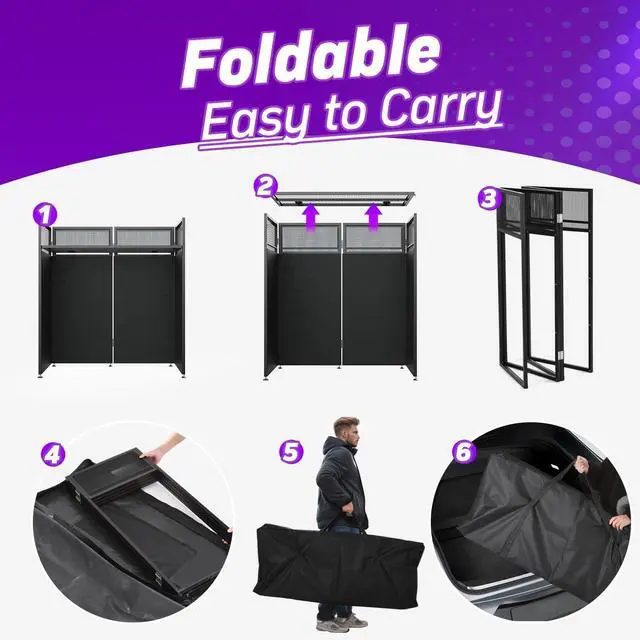 Alt view image 6 of 7 - Foldable DJ Booth for Quick, Tool-Free Assembly, DJ Table with White & Black Scrims, Metal Frame DJ Facade, DJ Stand with Cable Hole, Anti-Slip Foot Pad and Carry Bag, for Parties & Events