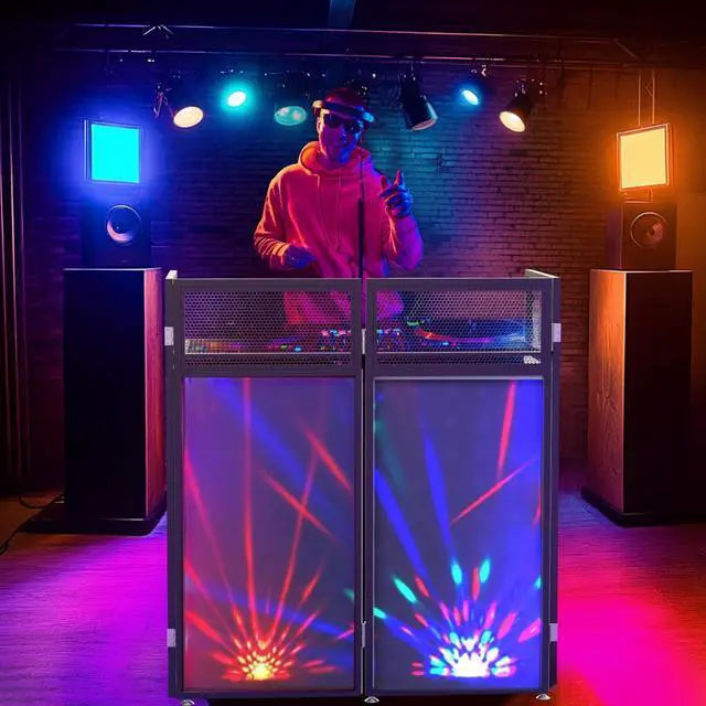 Alt view image 7 of 7 - Foldable DJ Booth for Quick, Tool-Free Assembly, DJ Table with White & Black Scrims, Metal Frame DJ Facade, DJ Stand with Cable Hole, Anti-Slip Foot Pad and Carry Bag, for Parties & Events