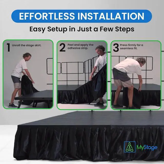 Alt view image 6 of 6 - 16 x 28 MyStage Portable Stage Skirt - Black Satin Fabric Adhesive for Events, Performances, & Wedding Staging, High-Quality Wrinkle-Free Platform Skirting Cloth - (Black)