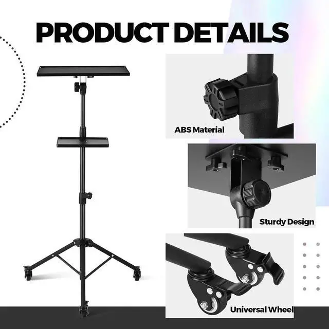 Alt view image 4 of 7 - 2 Shelves Projector Stand Tripod with Wheels Mouse Tray Laptop Tripod Adjustable Height 22" to 51" Portable Rolling Laptop Floor Stand for Stage Office Sheet Music DJ