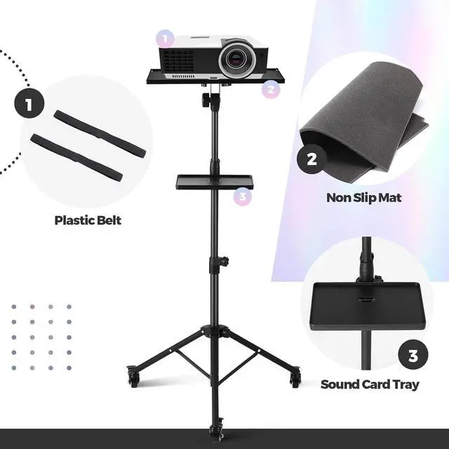 Alt view image 5 of 7 - 2 Shelves Projector Stand Tripod with Wheels Mouse Tray Laptop Tripod Adjustable Height 22" to 51" Portable Rolling Laptop Floor Stand for Stage Office Sheet Music DJ