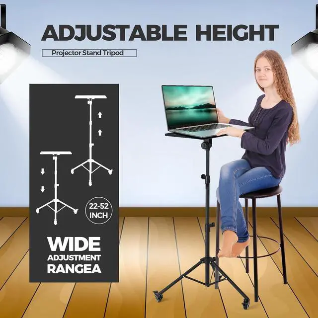 Alt view image 6 of 7 - 2 Shelves Projector Stand Tripod with Wheels Mouse Tray Laptop Tripod Adjustable Height 22" to 51" Portable Rolling Laptop Floor Stand for Stage Office Sheet Music DJ