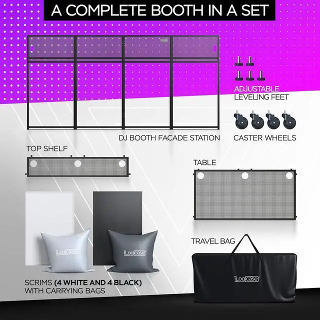 Alt view image 5 of 6 - XL 50x25in Portable DJ Booth Facade Table with White/Black Scrims | Controller and Audio Mixer Stand, With Wheels, Multiplug, Laptop Stand, Cable Organizer, Headphones Holder and Carry Bag