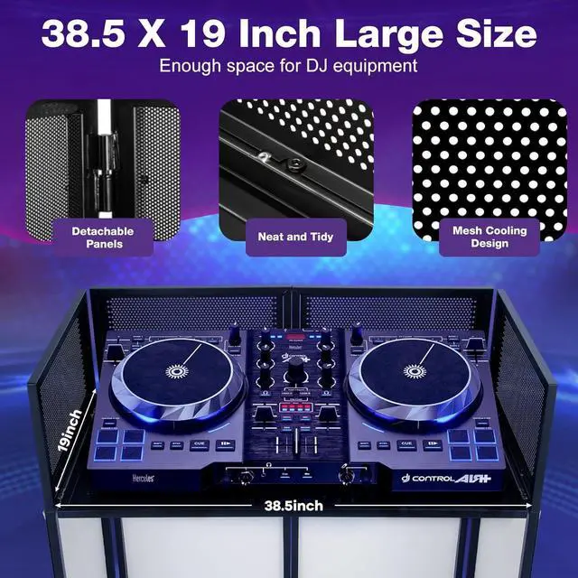 Alt view image 7 of 7 - DJ Booth Portable DJ Facade Table Station, Foldable DJ Event Booth Facade with 38.5" x 19" Flat Table Top, DJ Table Stand with Black & White Scrims, Carrying Bag