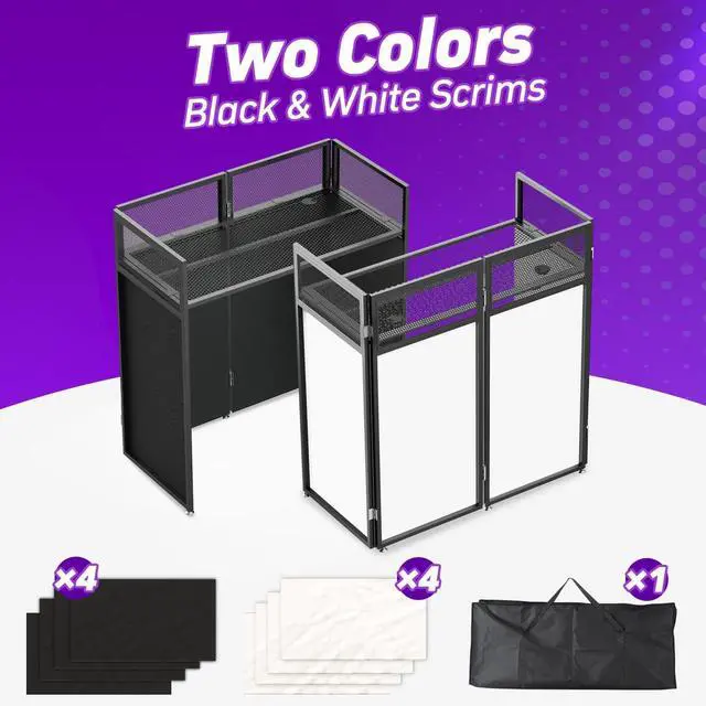 Alt view image 2 of 7 - Foldable DJ Booth for Quick, Tool-Free Assembly, DJ Table with White & Black Scrims, Metal Frame DJ Facade, DJ Stand with Cable Hole, Anti-Slip Foot Pad and Carry Bag, for Parties & Events