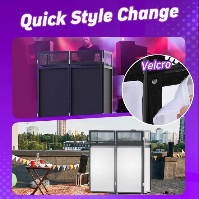 Alt view image 4 of 7 - Foldable DJ Booth for Quick, Tool-Free Assembly, DJ Table with White & Black Scrims, Metal Frame DJ Facade, DJ Stand with Cable Hole, Anti-Slip Foot Pad and Carry Bag, for Parties & Events