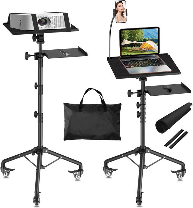 thumbnail interactive-video image 1 of Adjustable Projector Stand With Wheels - 39 To 63" Height Tripod With Laptop Tray & Phone Holder 1 of 10