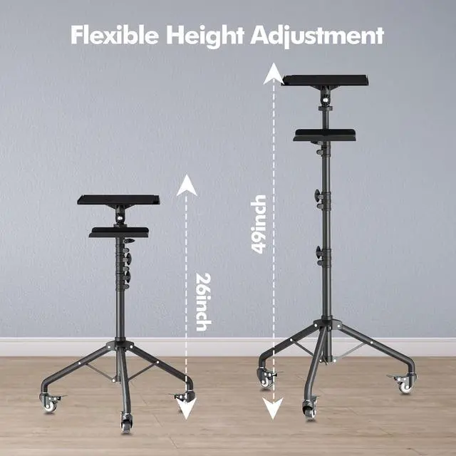 Alt view image 3 of 7 - Projector Tripod Stand with Wheels, Portable Laptop Floor Support with Mouse Tray & Bag, Height Adjustable 26 to 49 Inch with Gooseneck Phone Holder for Office, Home, DJ Racks