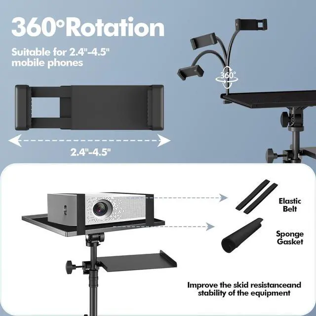 Alt view image 4 of 7 - Projector Tripod Stand with Wheels, Portable Laptop Floor Support with Mouse Tray & Bag, Height Adjustable 26 to 49 Inch with Gooseneck Phone Holder for Office, Home, DJ Racks